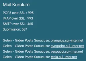 Port numaraları: POP3 995, IMAP 993, SMTP 465, Submission 587