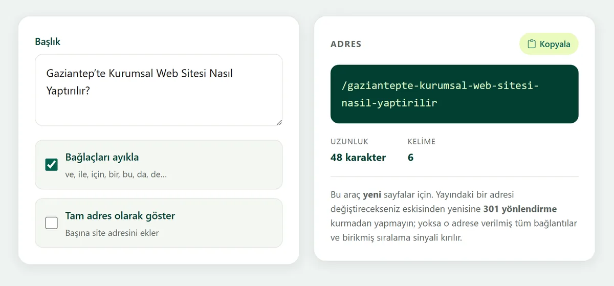 SEO Dostu URL Üretici aracının ekranı: Türkçe bir başlık temiz bir adrese çevrilmiş hâlde