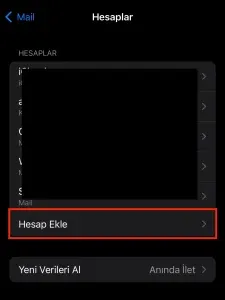 iOS Hesaplar ekranında Hesap Ekle seçeneği işaretli
