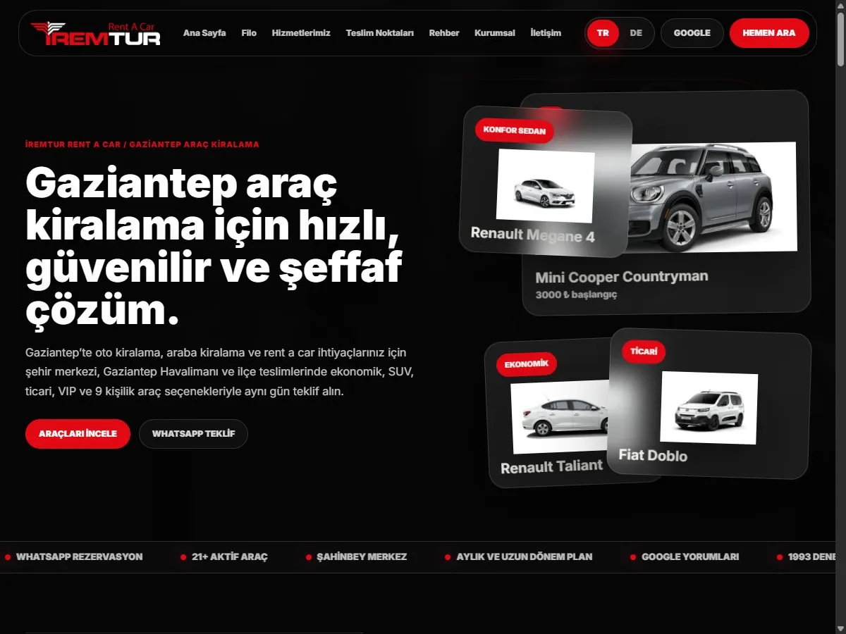 İremtur Rent A Car web sitesi
