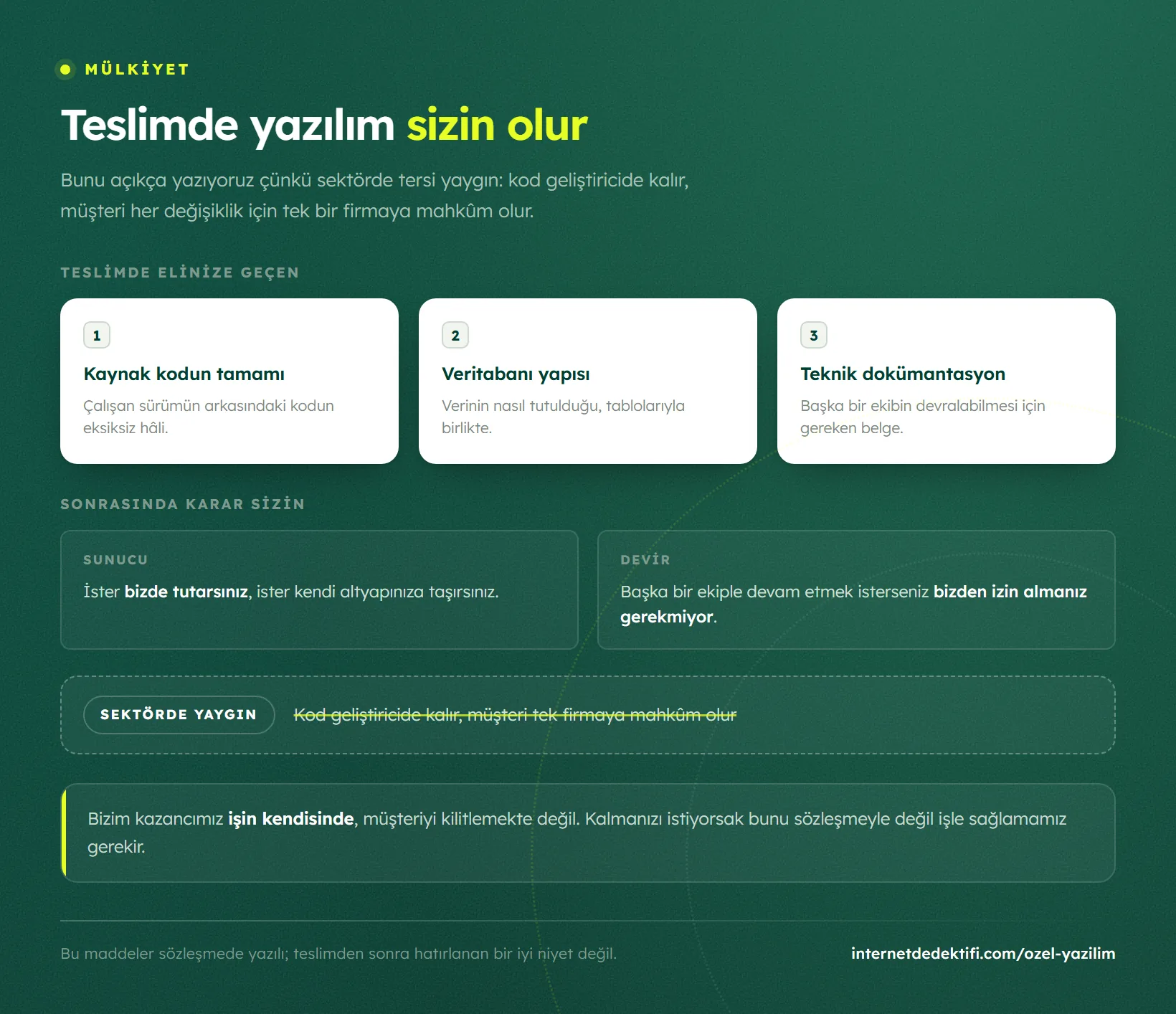 Teslimde müşteriye geçen üç kalem ile sunucu ve devir kararlarının müşteride olduğunu gösteren şema