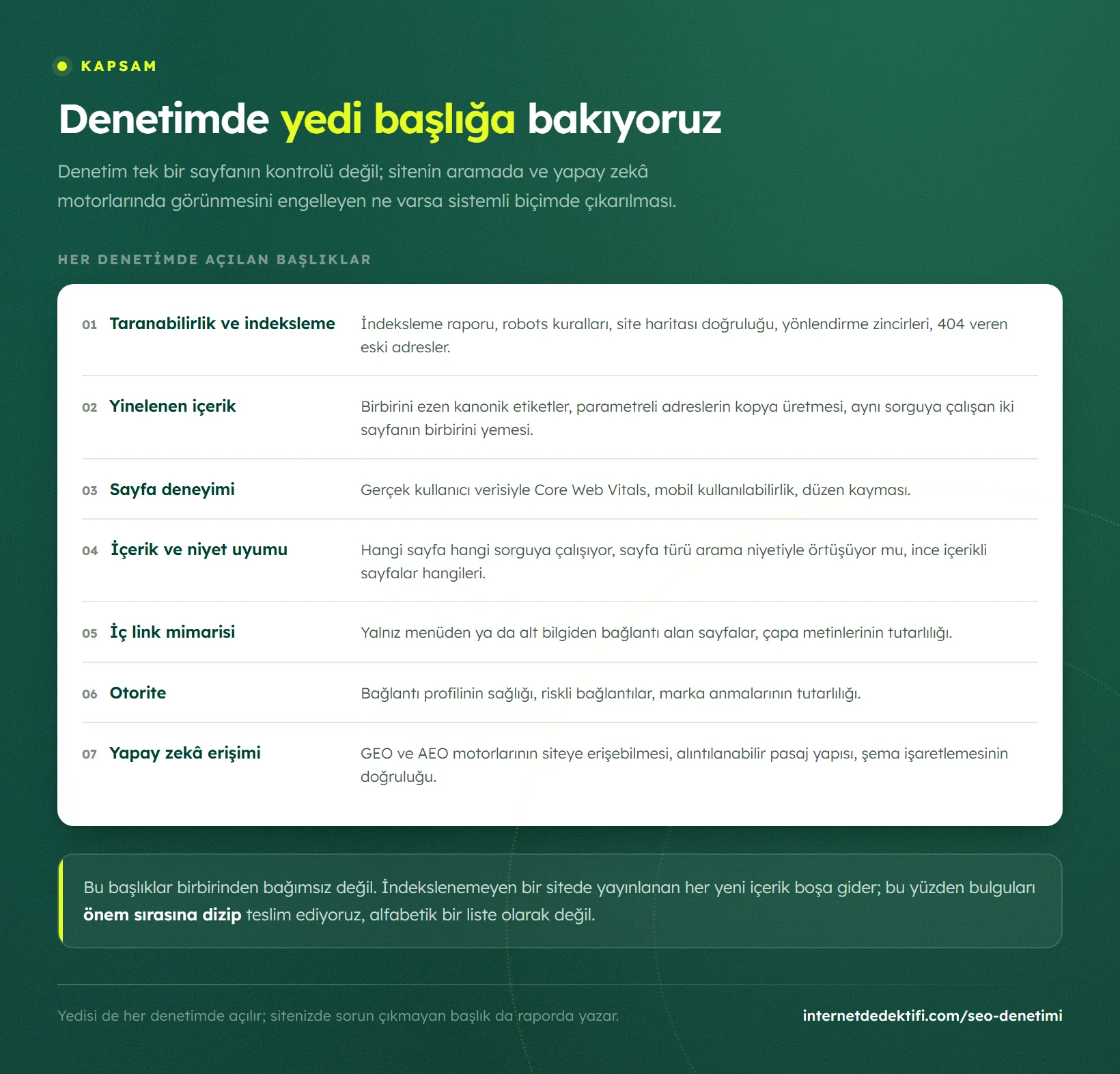 SEO denetiminde açılan yedi başlığı ve her başlıkta neye bakıldığını gösteren liste